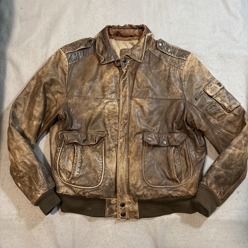 Vintage Thunderwear Leather Bomber Jacket Mens Size 44 Faded - Picture 1 of 5